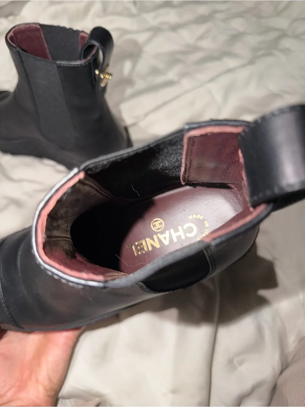 CHANEL Black Leather Platform Chelsea Booties with Gold CC Accent rubber sole